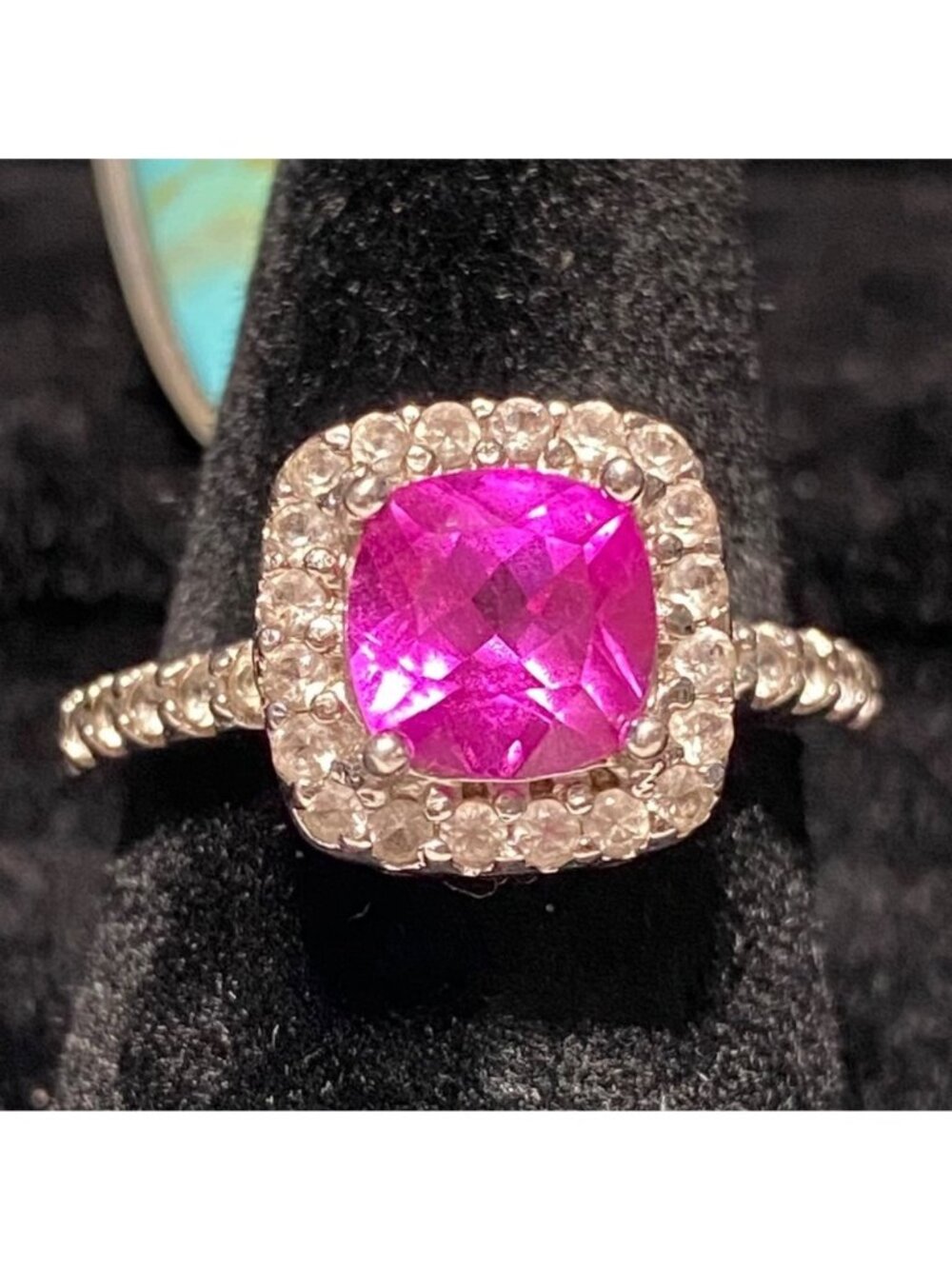 Ring Pink Sapphire Size 7 7mm x 7mm White Sapphire 1mm x 1mm Sterling Silver Sta